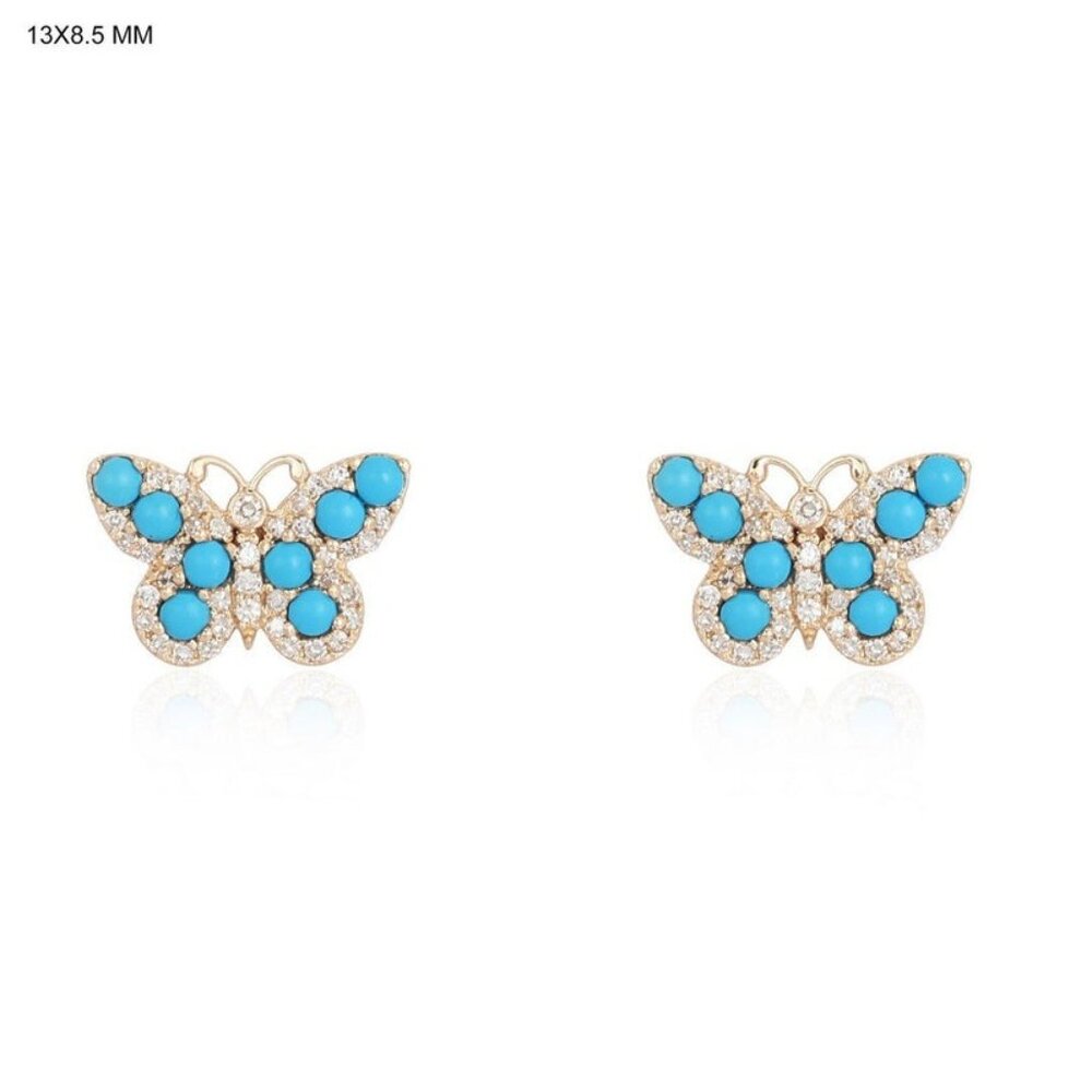 Turquoise Butterfly 14K (or 18k upon request) Yellow Gold Diamond Stud Earrings